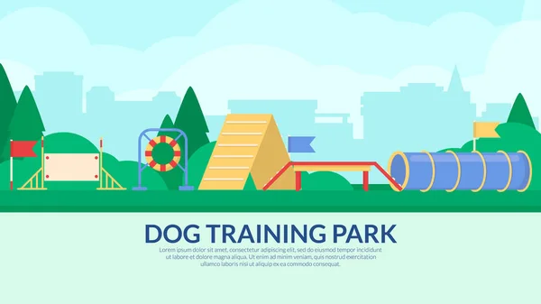 Parque de treino de cães. Banner com equipamento desportivo de agilidade. Vector plano . —  Vetores de Stock