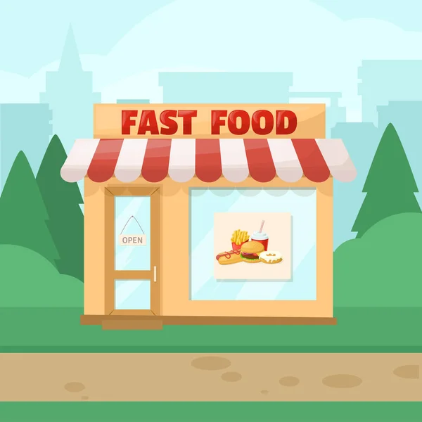 Café de comida rápida. Fachada restauradora na paisagem da cidade. Vetor dos desenhos animados . — Vetor de Stock