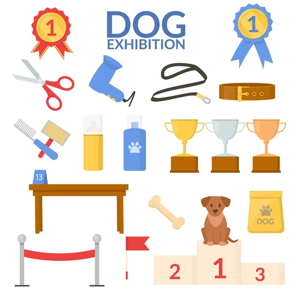 Set objeto de exposición de perros. Equipo de exposición. Vector plano . — Vector de stock