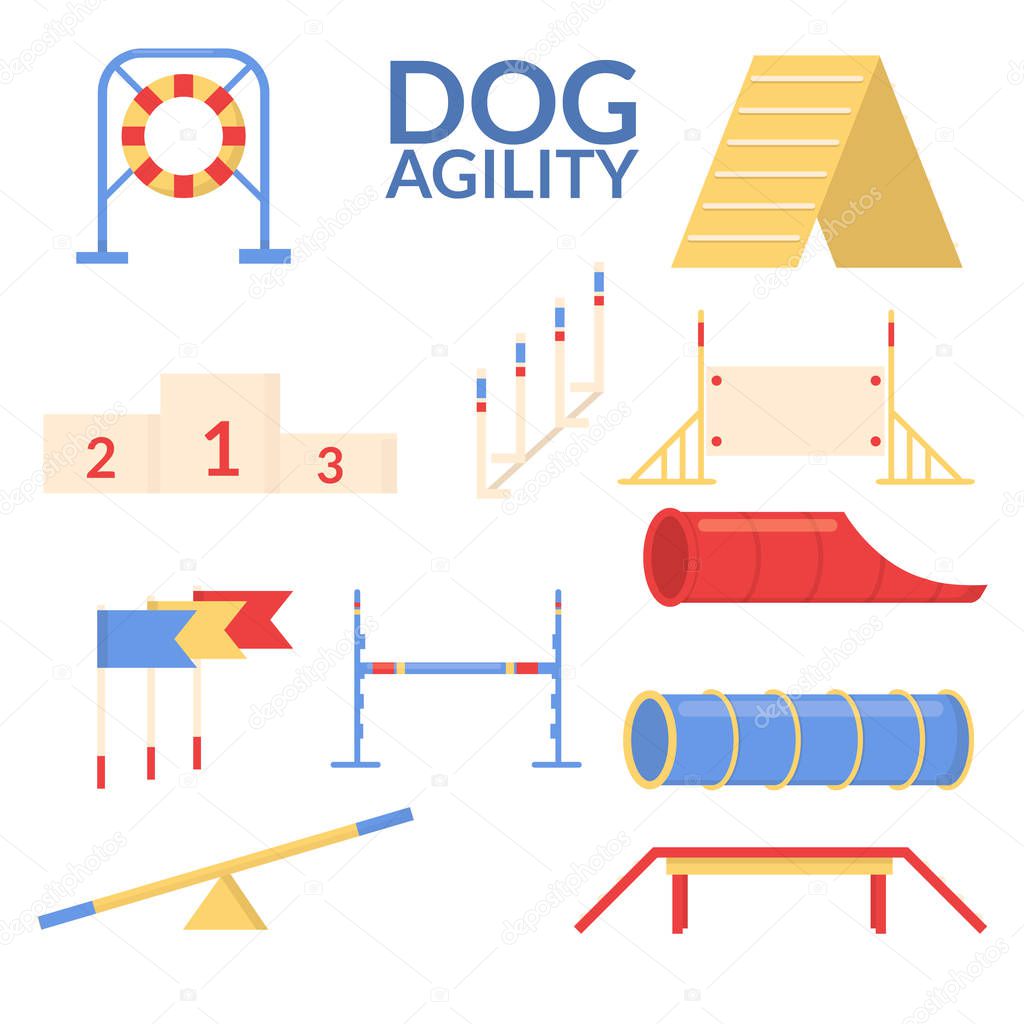Set object of dog agility sport. Training equipment. Vector flat.