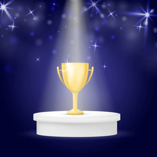 Ganadores de oro realista taza con luz y estrella. Trofeo sobre fondo azul oscuro. Vector — Vector de stock