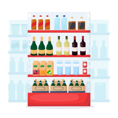 Süpermarket raflarında içki ve alkol ürün kümesi. Gıda deposu iç. Bir şişe su, bira, şarap, meyve suyu. Karikatür vektör