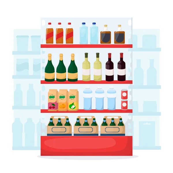 Conjunto de bebidas y productos alcohólicos en los estantes del supermercado. Interior de tienda de alimentos. Botella de agua, cerveza, vino, jugo. vector de dibujos animados — Vector de stock