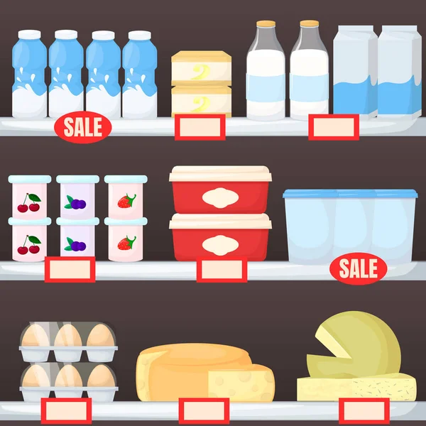 Sada Mléčných Výrobků Regálech Supermarketů Sýry Vejce Máslo Jogurt Kreslené — Stockový vektor