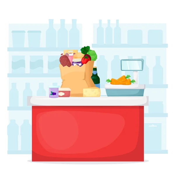 Bolsa de papel de compras completa con compras cerca del mostrador de pago. Tienda de alimentos, interior del supermercado. Conjunto de productos frescos, saludables y naturales. Vector — Vector de stock