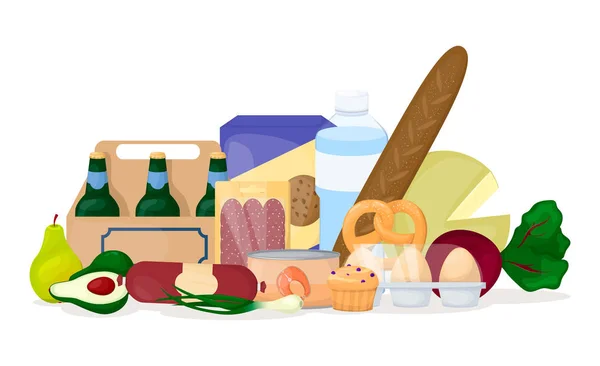 Conjunto de comida. Pila de producto diferente. En el supermercado. Cerveza, huevo, verduras, agua, queso. vector de dibujos animados . — Vector de stock
