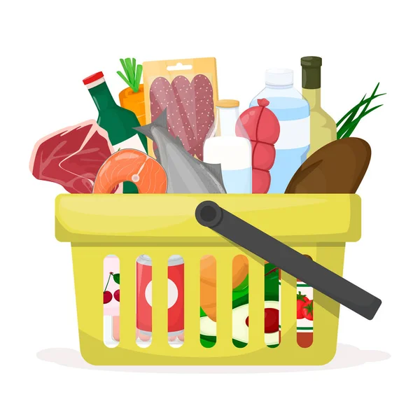 Cesta de compra completa. Tienda de comida, supermercado. Conjunto de productos frescos, saludables y naturales. Vector — Vector de stock