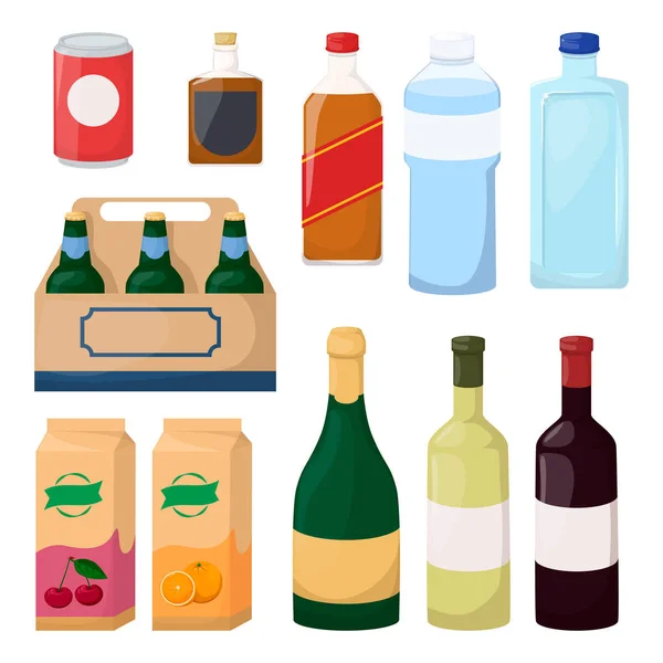 Set minuman dan produk alkohol. Sebotol air, bir, anggur, jus. Vektor Kartun - Stok Vektor