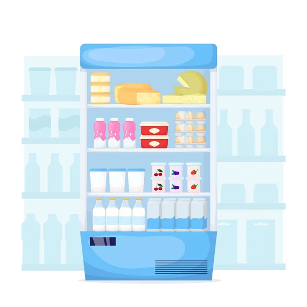 Set di prodotti lattiero-caseari sul frigorifero del supermercato. Negozio alimentare interno Formaggio, uova, burro e yogurt. vettore dei cartoni animati — Vettoriale Stock