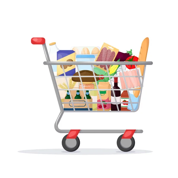 Carrello d'acquisto completo. Negozio di alimentari, supermercato. Set di prodotti freschi, sani e naturali. Vettore — Vettoriale Stock