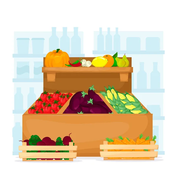 Conjunto de frutas y verduras en los estantes del supermercado. Interior de tienda de alimentos. Dibujos animados vector producto . — Vector de stock
