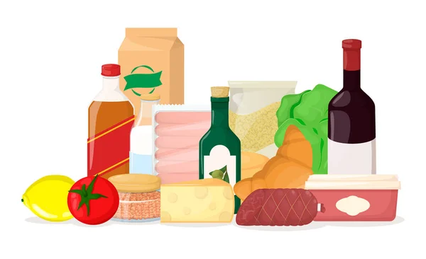 Conjunto de comida. Pila de producto diferente. En el supermercado. Queso, alco, pan. vector de dibujos animados . — Vector de stock