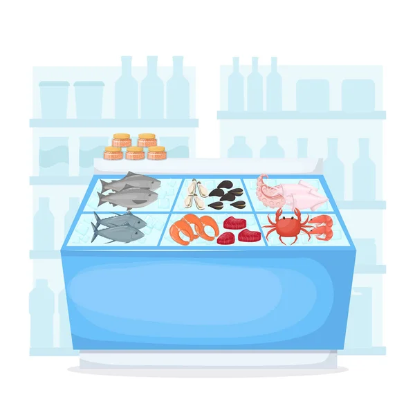 Conjunto de pescado y productos del mar en el refrigerador del supermercado. Interior de tienda de alimentos. Atún fresco, salmón, cangrejo, caviar. vector de dibujos animados — Archivo Imágenes Vectoriales