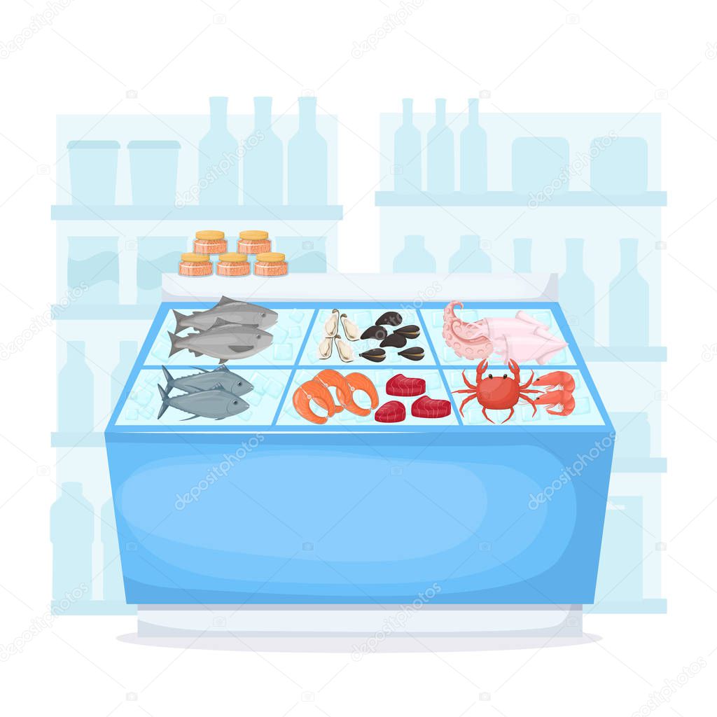 Set of fish and food sea product on supermarket fridge. Food store interior. Fresh tuna, salmon, crab, caviar. Cartoon vector