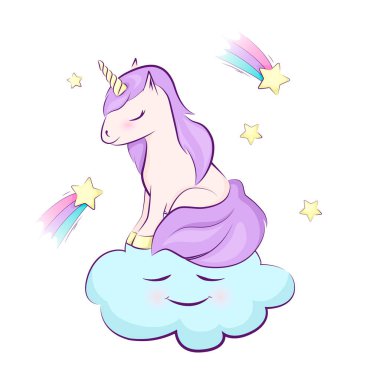 Şirin sihirli unicorn bir bulut, gökkuşağı, yıldız. İzole vektör tasarımı. Çocuklar için illüstrasyon.