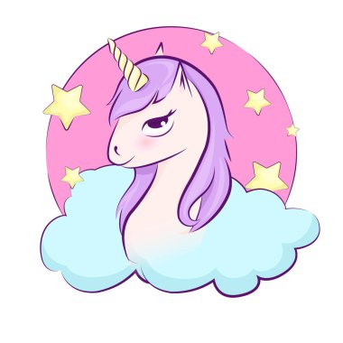 Şirin sihirli unicorn Merkez bulut ve yıldız. İzole vektör tasarımı. Çocuklar için illüstrasyon.