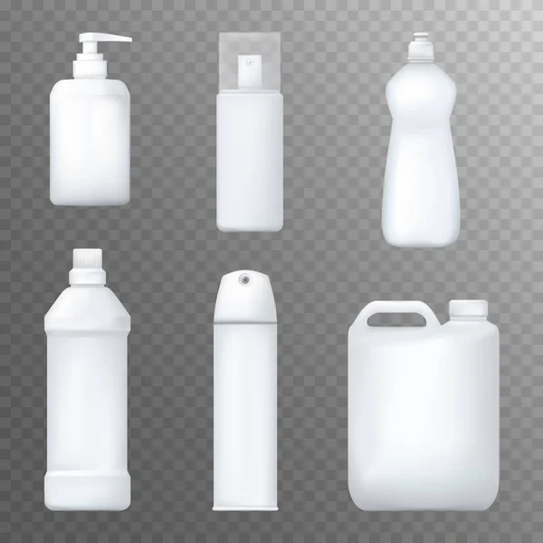Реалистичные белые пластмассовые бутылки. Диспенсер, жидкое моющее средство, макет распылителя. Вектор . — стоковый вектор