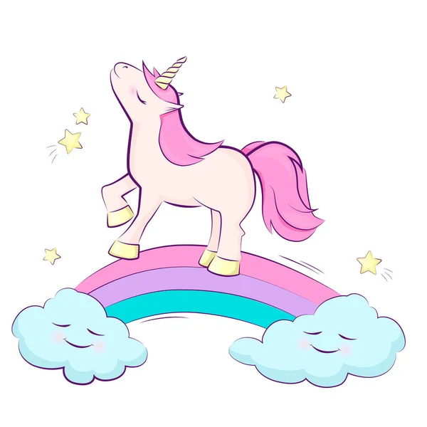 Lindo unicornio mágico en un arco iris, estrella, nube. Diseño vectorial aislado. Ilustración para niños . — Vector de stock