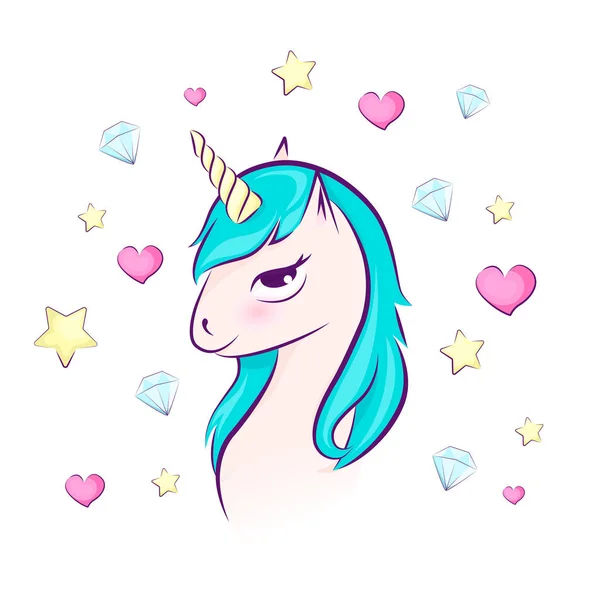 Schattig magical unicorn hoofd met hart, diamanten, sterren. Vector design geïsoleerd. Illustratie voor kinderen. — Stockvector