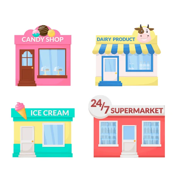 Mercado, loja. Sorvete, produtos lácteos, loja de doces, fachada de construção de supermercados. Vetor . —  Vetores de Stock