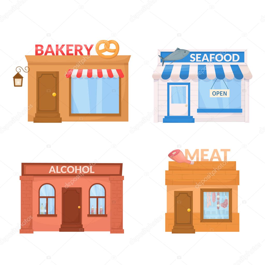 Market, storefront. Bakery, sea food, alcohol, meat store building facade. Vector.