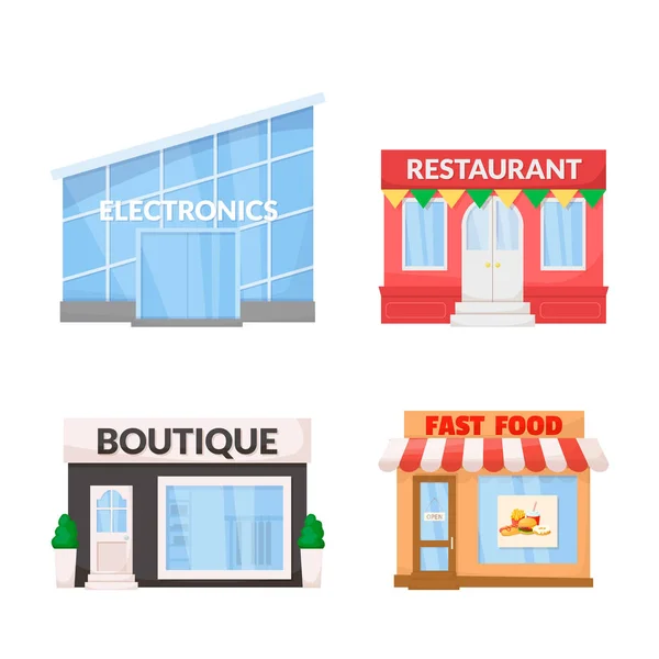 Mercado, loja. Boutique, restaurante, fast food, loja eletrônica fachada edifício. Vetor . — Vetor de Stock