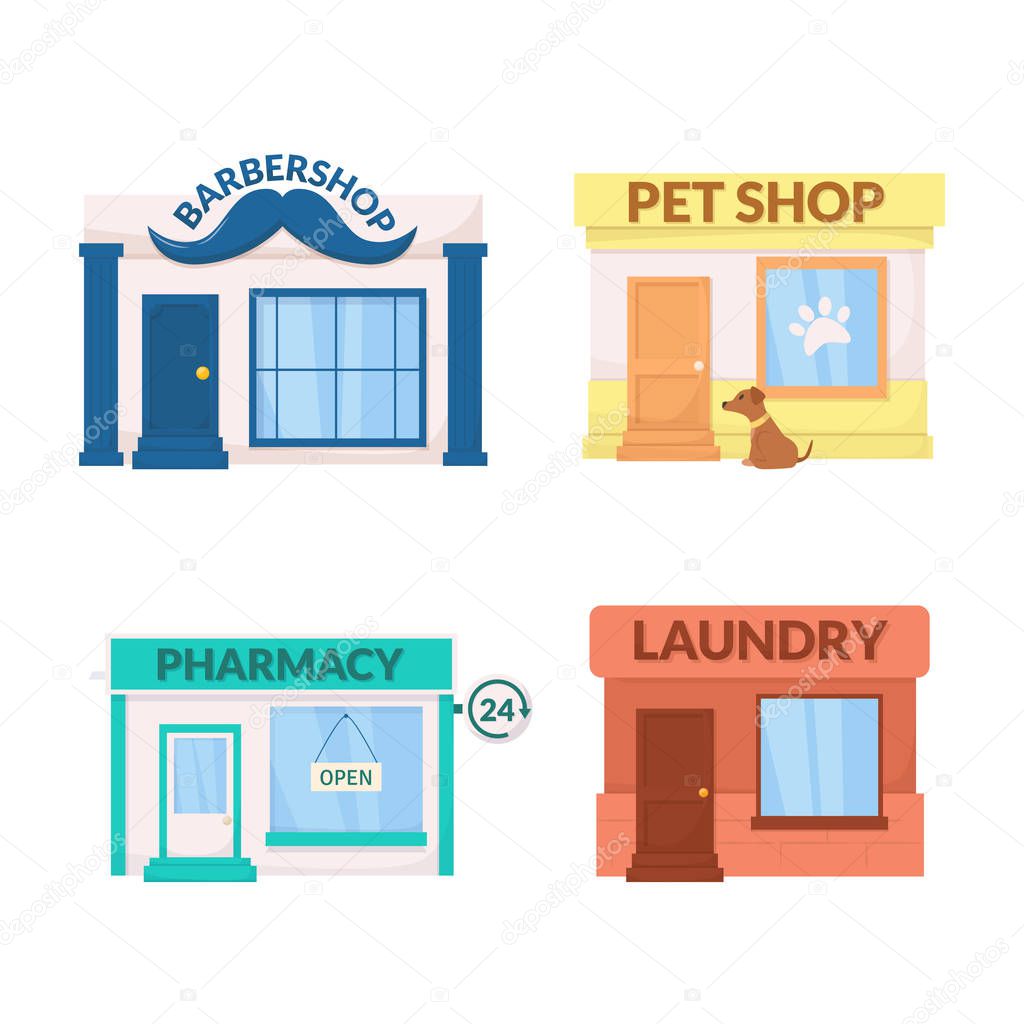 Market, storefront. Barbershop, petshop, pharmacy, laundry store building facade. Vector.