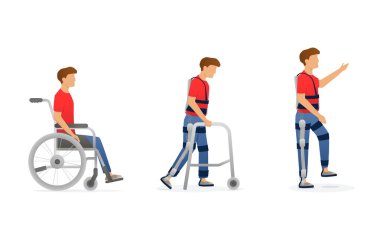 Dış iskelet rehabilitasyon. Engelli adam evrimi. Tekerlekli sandalye üzerinde karakter, koltuk değneği, exosuit ile yürüyüş ile kal. Vektör