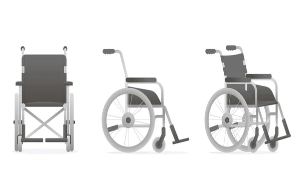 Conjunto de silla de ruedas realista. Vista frontal, lateral. Elemento médico para personas con discapacidad. Vector — Archivo Imágenes Vectoriales