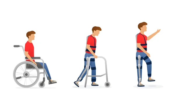 Exoskeleton rehabilitation. Evolution of disabled man. Character on wheelchair, stay with crutches, walking with exosuit. Vector — Stock Vector