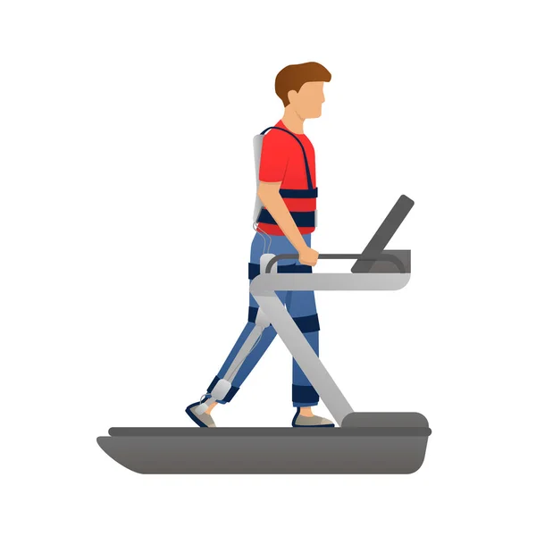 Hombre discapacitado caminando con exoesqueleto médico en la cinta de correr. Medicina del futuro, tecnología biónica. Vector . — Vector de stock