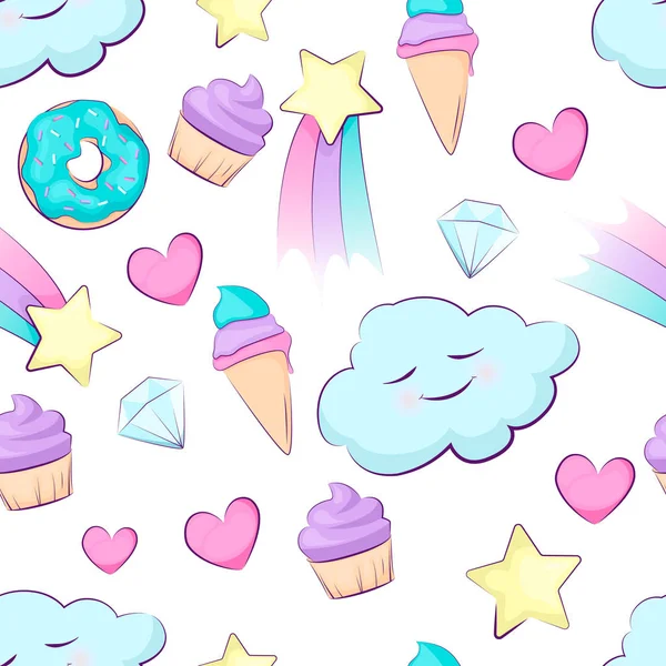 Naadloze patroon met schattige object. Cloud, ster, regenboog, hart, icecream en diamant. Cartoon stijl vector — Stockvector