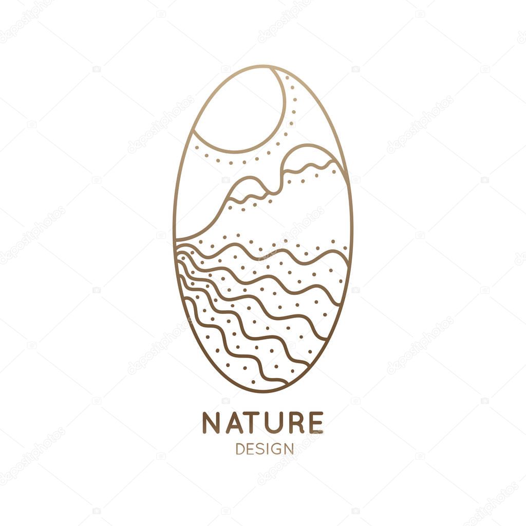 Vector oval logo of nature elements. Linear icon of landscape with mountains, river, sun - business emblems, badge for a travel, tourism and ecology concepts, health and yoga Center.