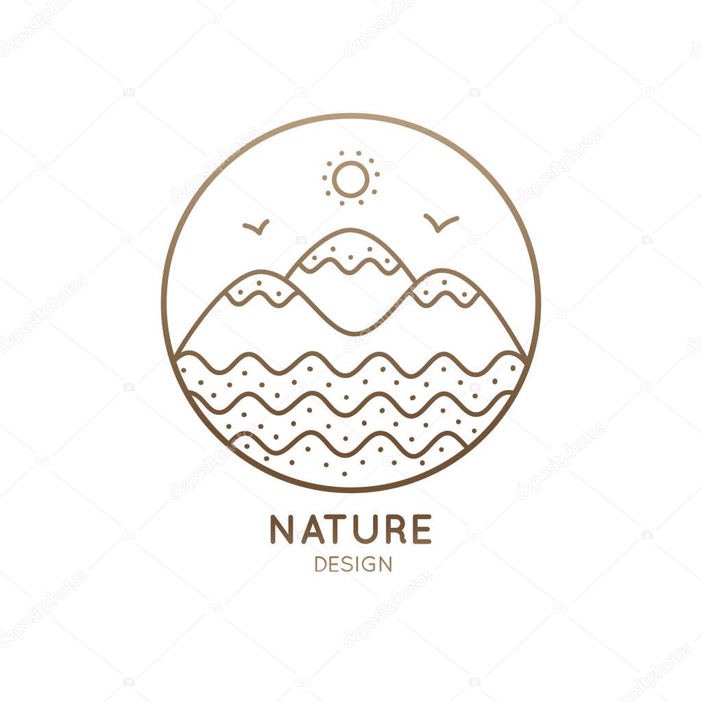 Vector round logo of nature elements. Linear icon of landscape with mountains, river, sun - business emblems, badge for a travel, tourism and ecology concepts, health and yoga Center.