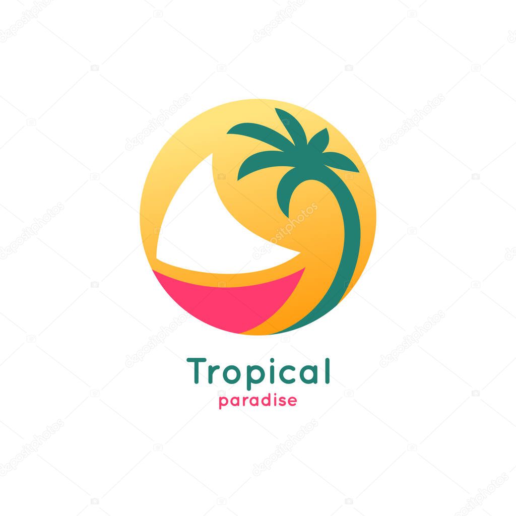 Abstract logo of a boat with palm. Vector icon ship in the sea with text isolated. Round emblems for design of business, holiday, travel agency, yachting club, voyage, round trip and cruise concept.