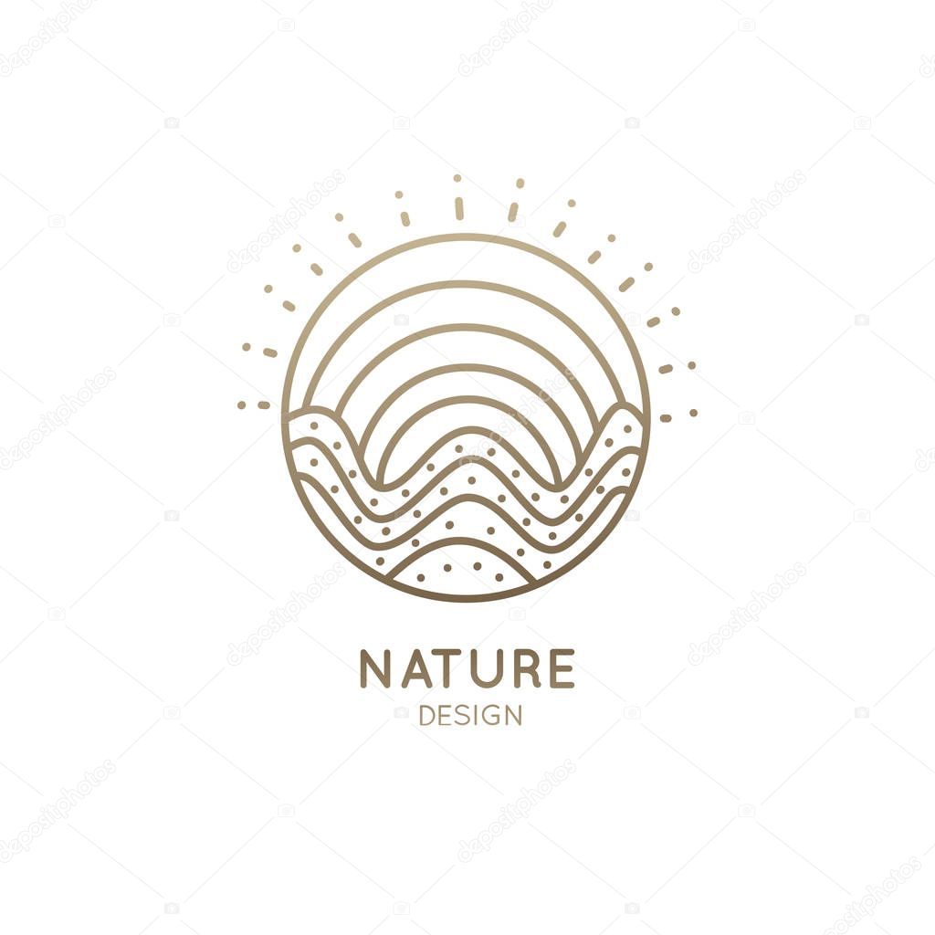 Vector logo of nature elements in a circle. Abstract linear icon of landscape with mountains and sun - round business emblems, badge for a travel, tourism and ecology concepts, health and yoga Center.