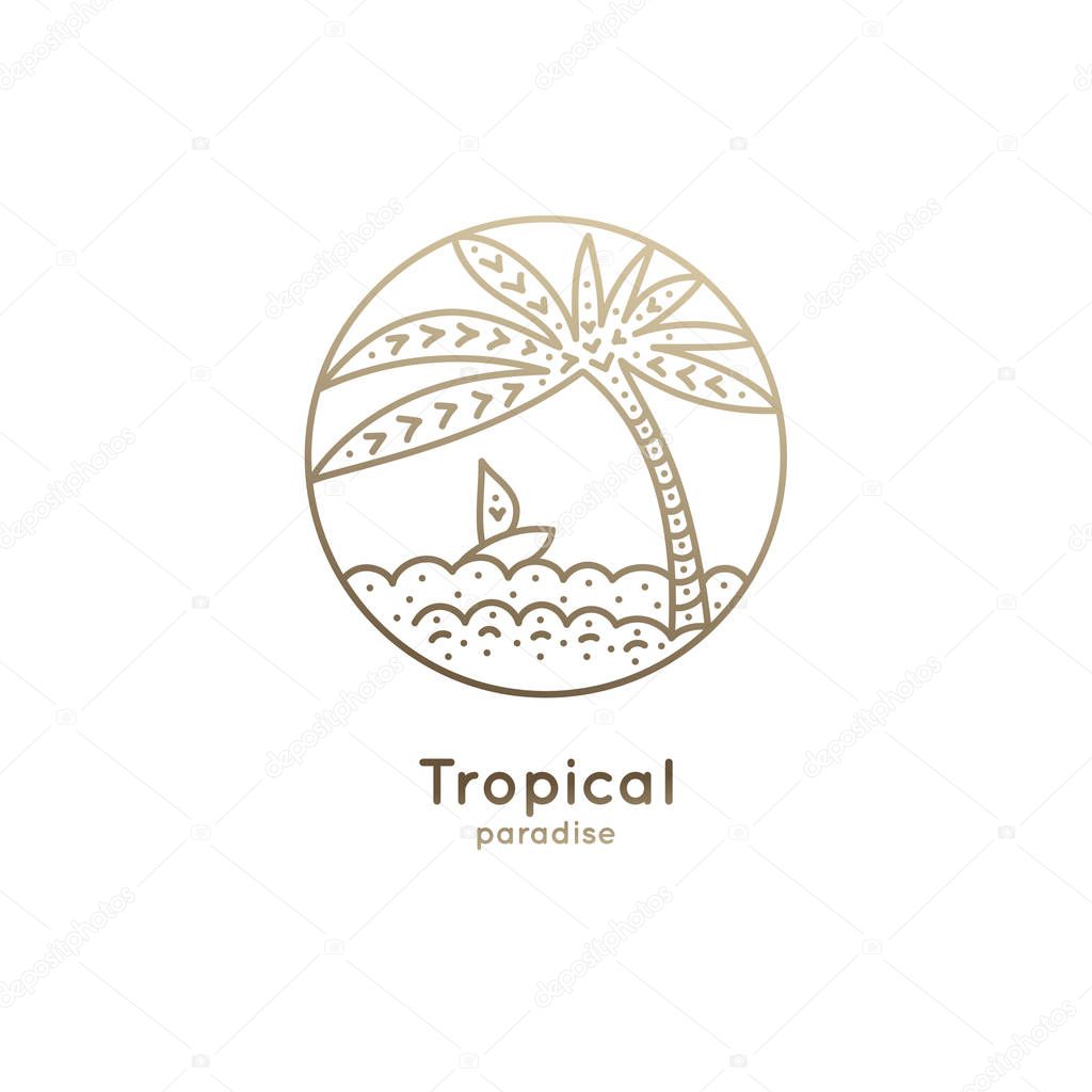 Abstract logo of a boat with palm. Vector icon ship in the sea. Round emblems for design of business, holiday, travel agency, yachting club, voyage, round trip and cruise concept.