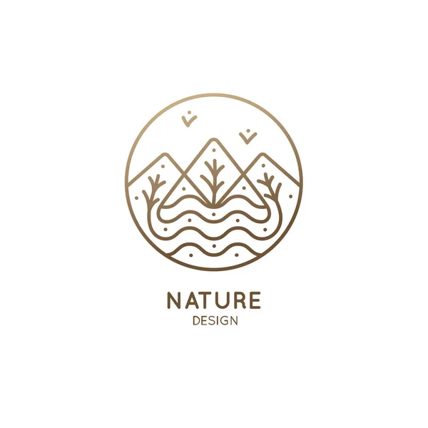 Logo Przyrody Gór Drzew Rzeki Liniowa Ikona Krajobrazu Tle Słońca — Wektor stockowy
