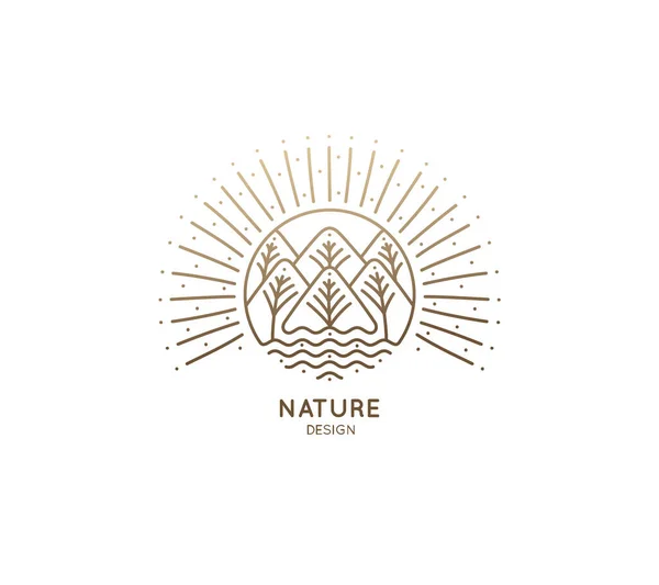 Logo Naturale Montagne Alberi Fiume Icona Lineare Del Paesaggio Sullo — Vettoriale Stock