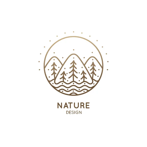 Logo Naturale Montagne Alberi Fiume Icona Lineare Del Paesaggio Sullo — Vettoriale Stock