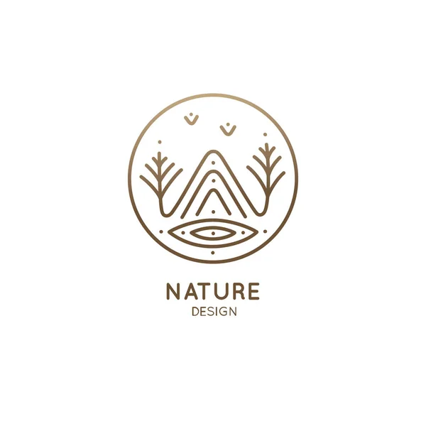 Logotipo Naturaleza Montañas Árboles Río Icono Lineal Del Paisaje Sobre — Vector de stock