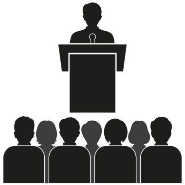 Konferans Salonu, soyut işareti seminer veya konferans düz tasarım, illüstrasyon izole modern konferans izleyici