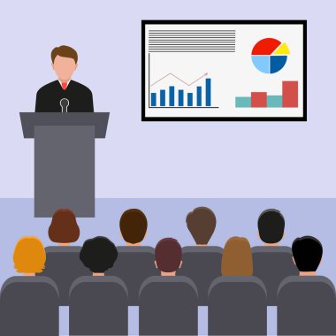 İş seminer hoparlör satış ve e-ticaret. Sunu Konferansı ve iş kitle için motivasyon çizimi