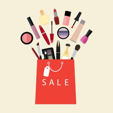 Ruj, krem, fırça, palet, parfüm, tırnak cilası bayanlar çanta içinde düz illüstrasyon kavramı oluşturur. Kozmetik çantası.