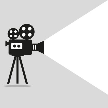 Retro Film projektör Gönderen. Video kamera bir tripod üzerinde gri bir arka plan üzerinde