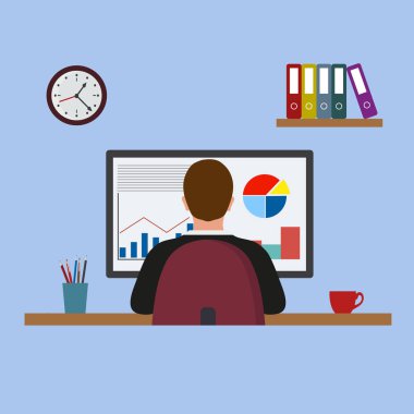 Adam iş bilgisayar tasarımı düz ile. , bilgisayar ve iş adam işçi, işadamı kişi, Masa İşyeri