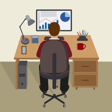 Resepsiyon Office çalışma yer Laptop arka arka görünümü oturan iş adamı