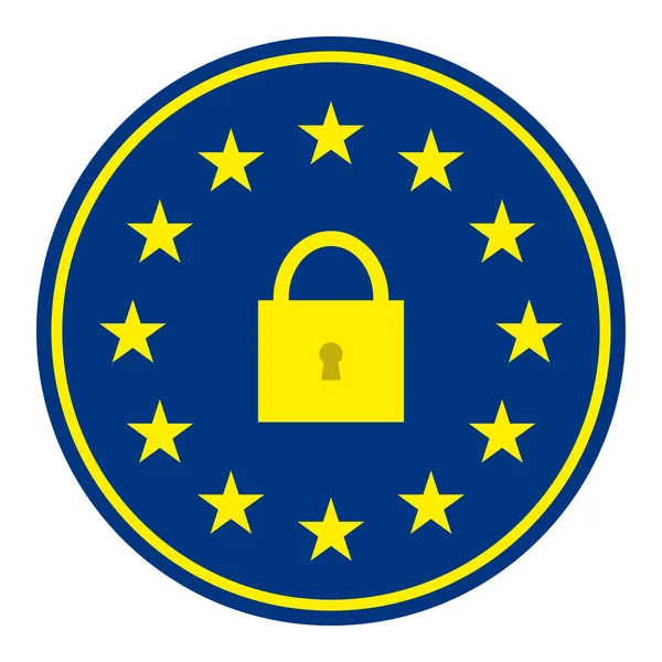 圆圈贴纸图标与欧盟国旗和挂锁在白色背景 — 图库矢量图片