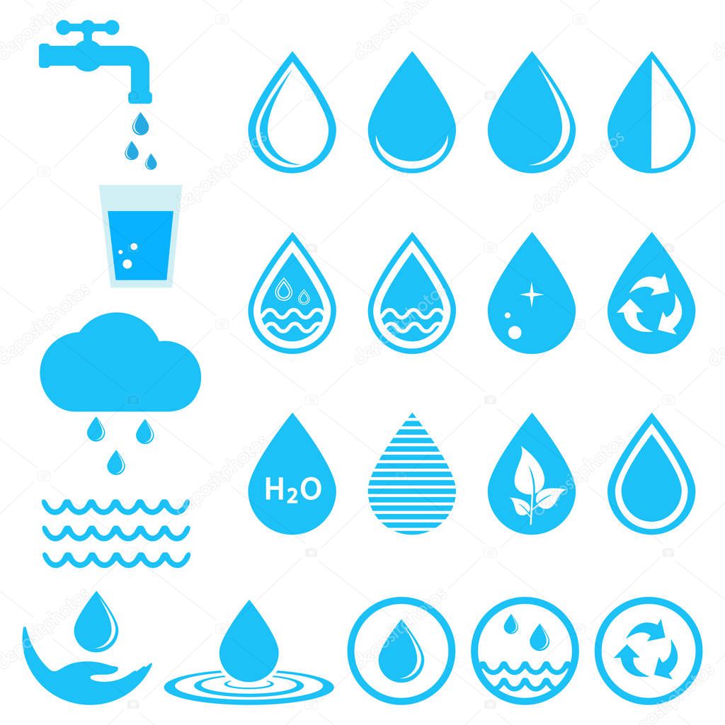 blue water icons set on white background.