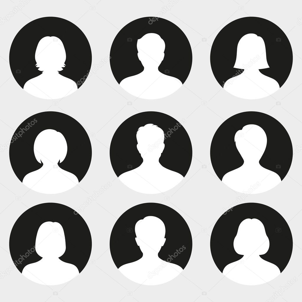 Male and female head silhouettes avatar, profile icons.